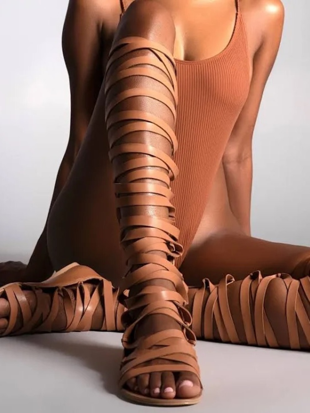 New Anthropologie Farylrobin Knee High Cognac Leather Strappy Gladiator Sandals